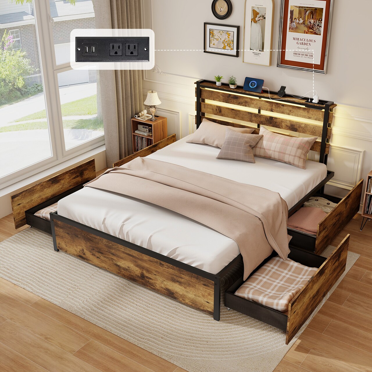 Rustic Brown Platform Bed Metal Frame with Drawers LED Lights and USB Ports